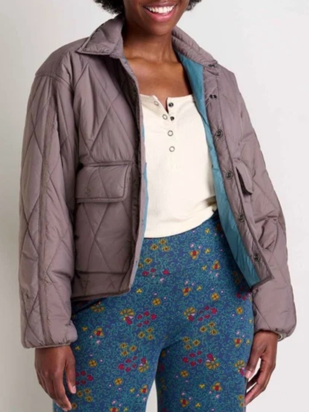 Toad and Co. Nomader Quilted Short Jacket in Taupe and Teal